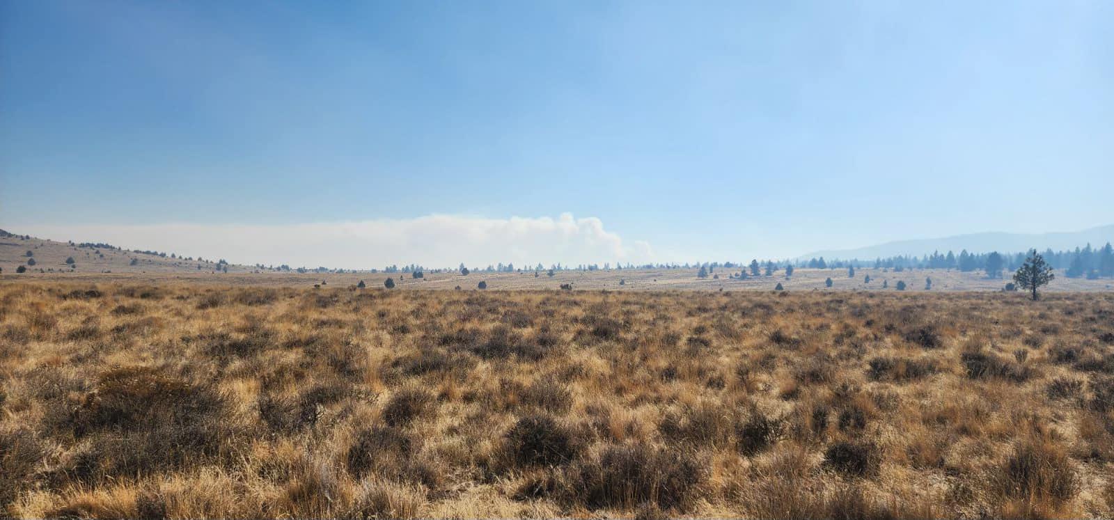 Smoke plume from the Rail Ridge Fire is visible in the distance across a high desert prairie 