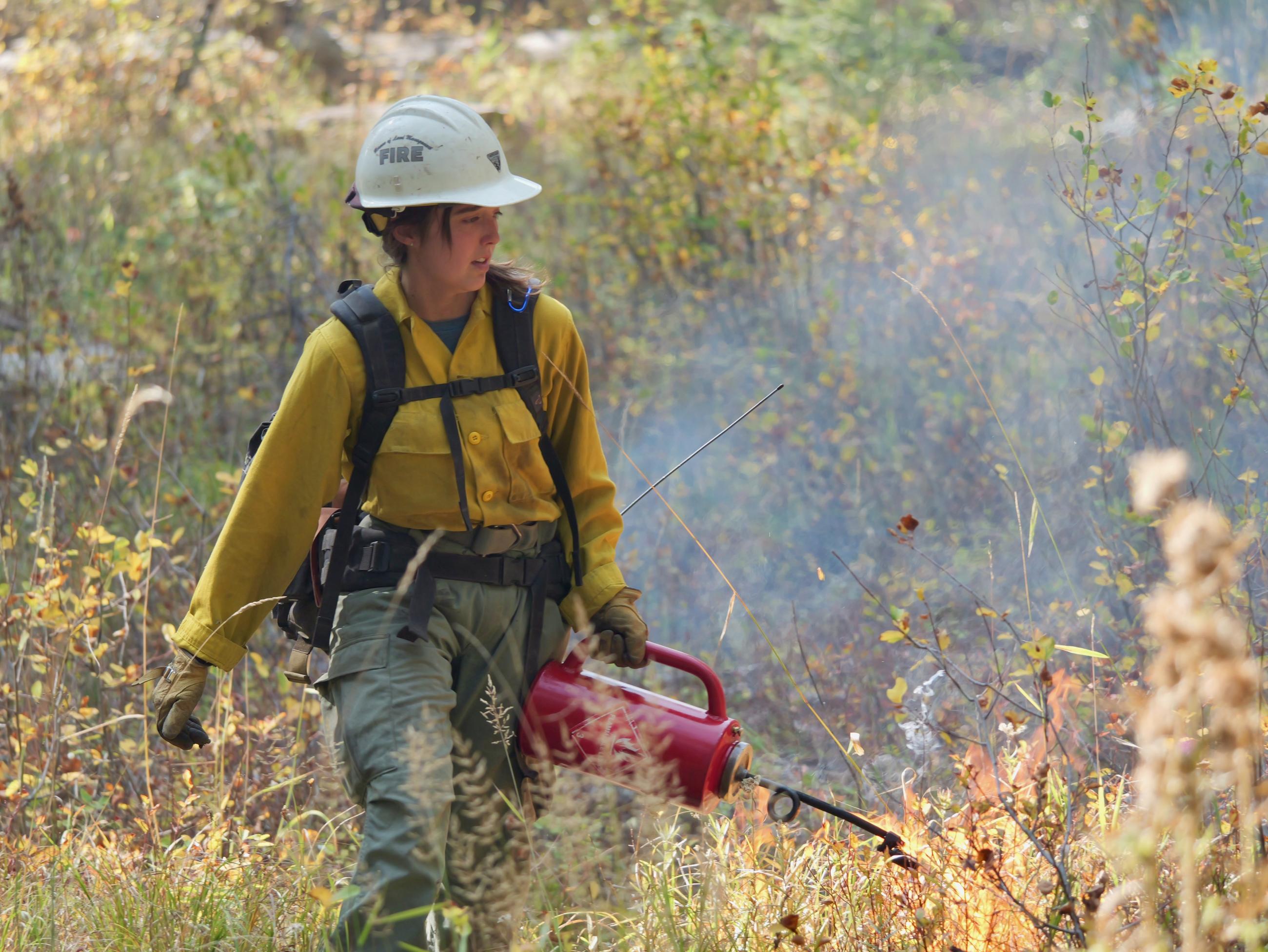 A female firefighter with a drip torch is seen among golden grasses and shrubs.