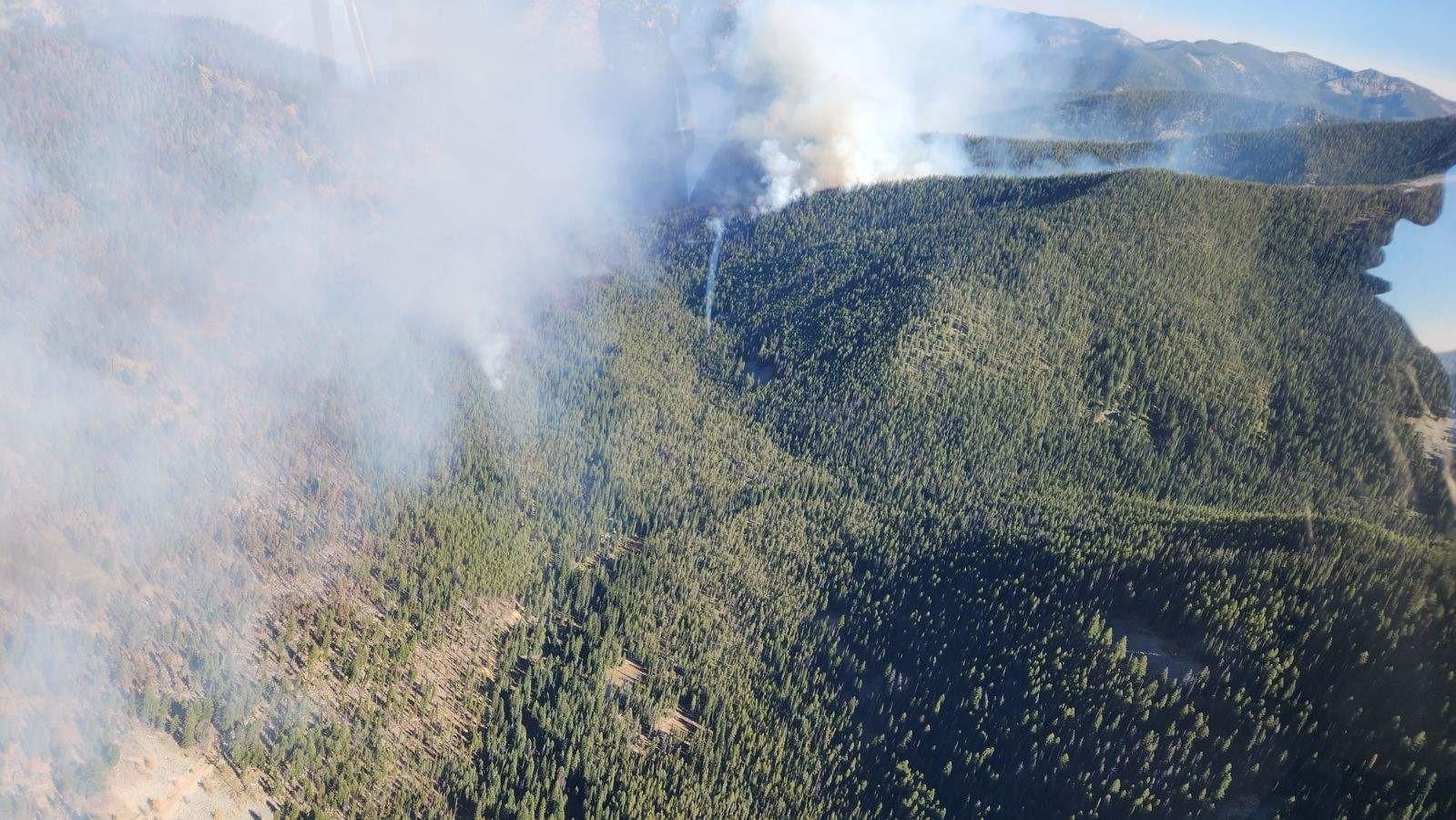 Aerial photo looking down at the Logan Fire in the Edwardsburg area.