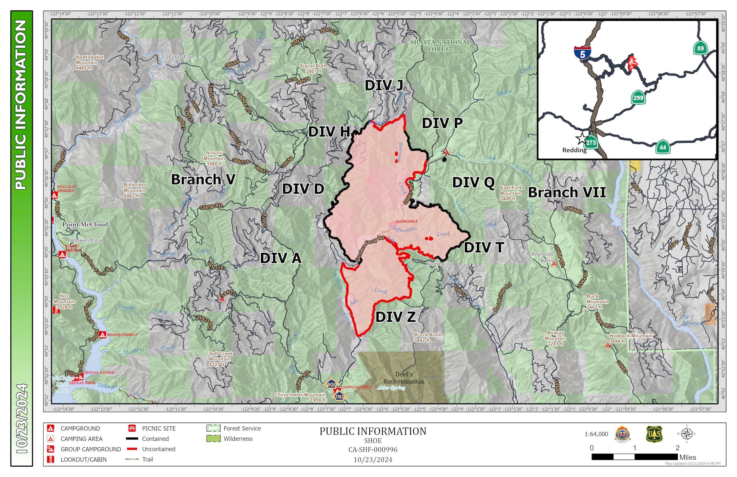 Map showing the fire perimeter and land ownership on the Shoe Fire.