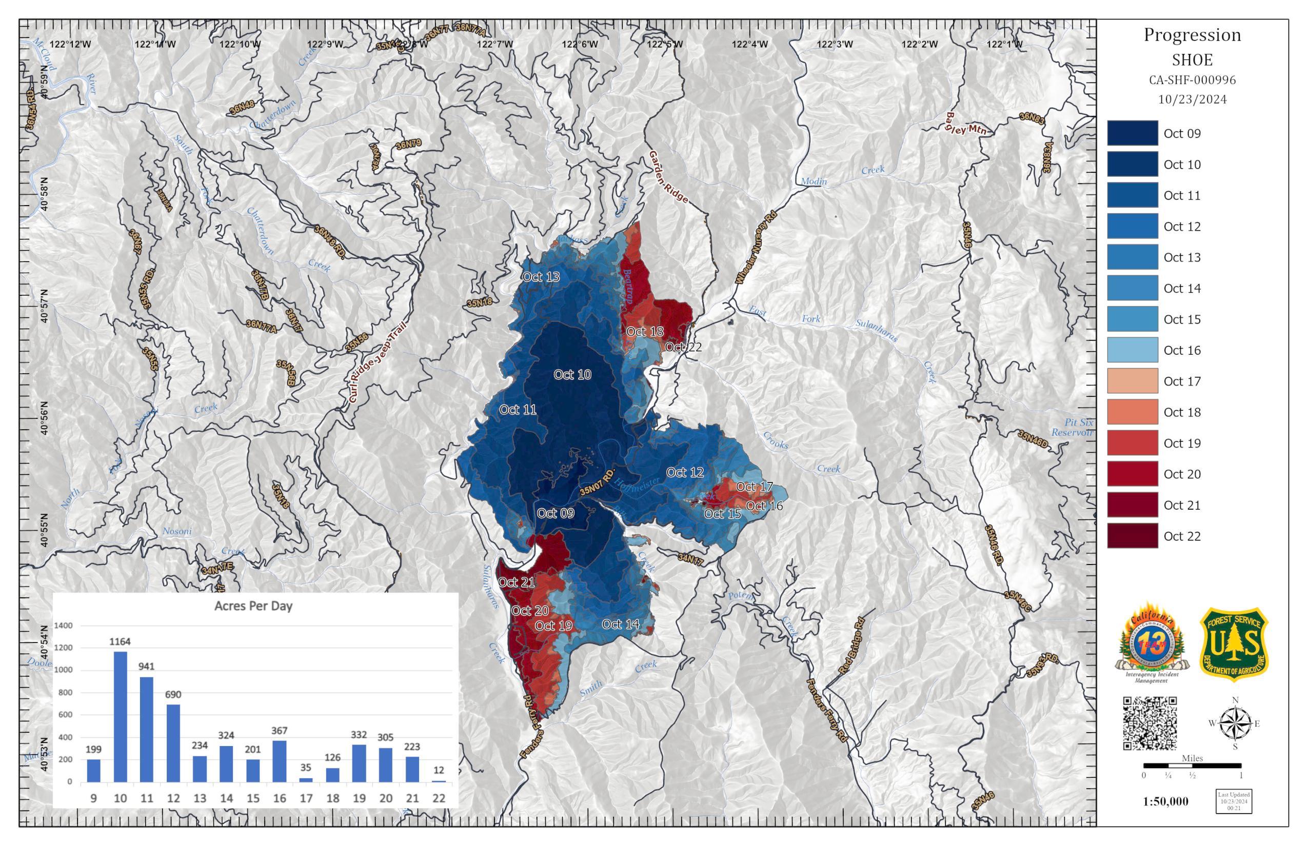 Map showing the growth of the Shoe Fire over time.