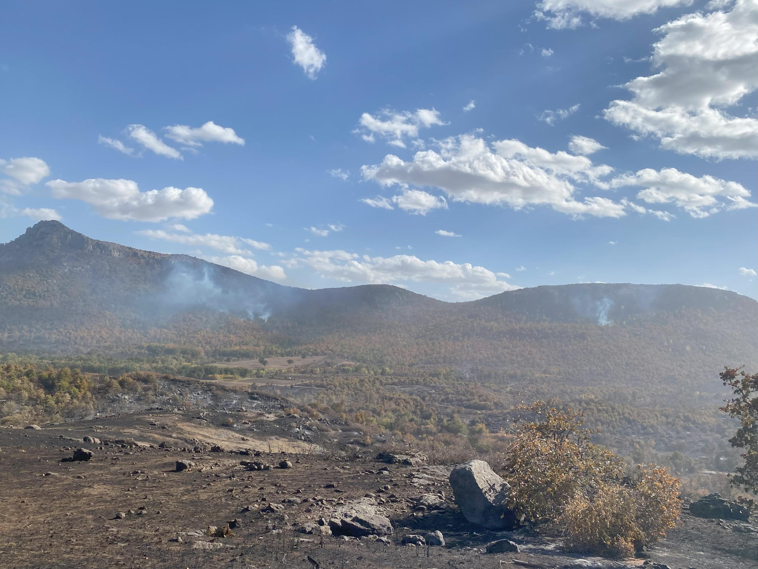 October 30, 2024 wide view of smokes on Sheridan Mountain, Rush Fire interior unburned fuels, no threat to fireline