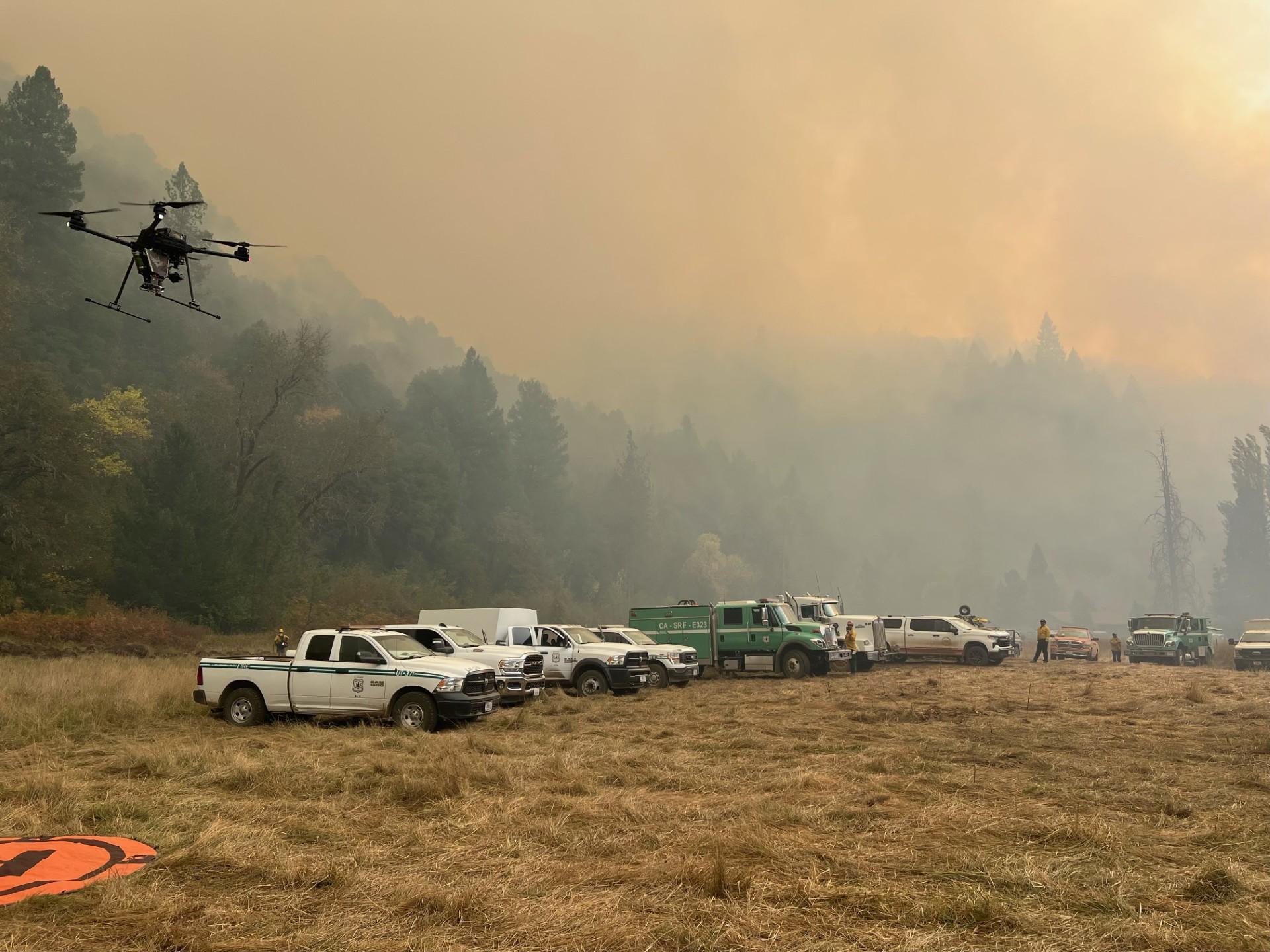 A drone flies in a field near the Shoe Fire.  Its is used to assist firefighters in slow, methodical burning operations to create secure firelines