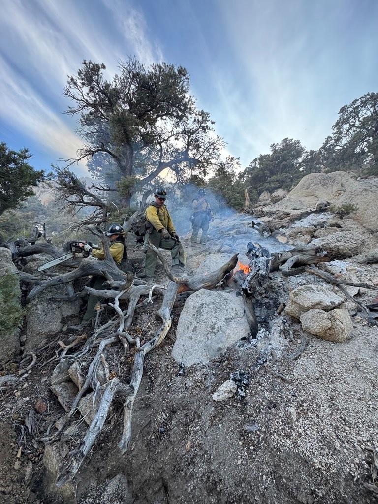 firefighter, trees, sky, smoke, boulders