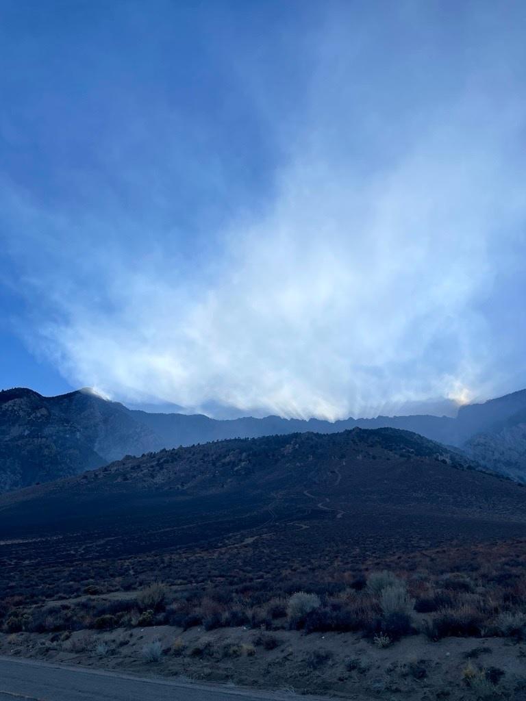 sky, smoke, charred landscape, bulldozer line