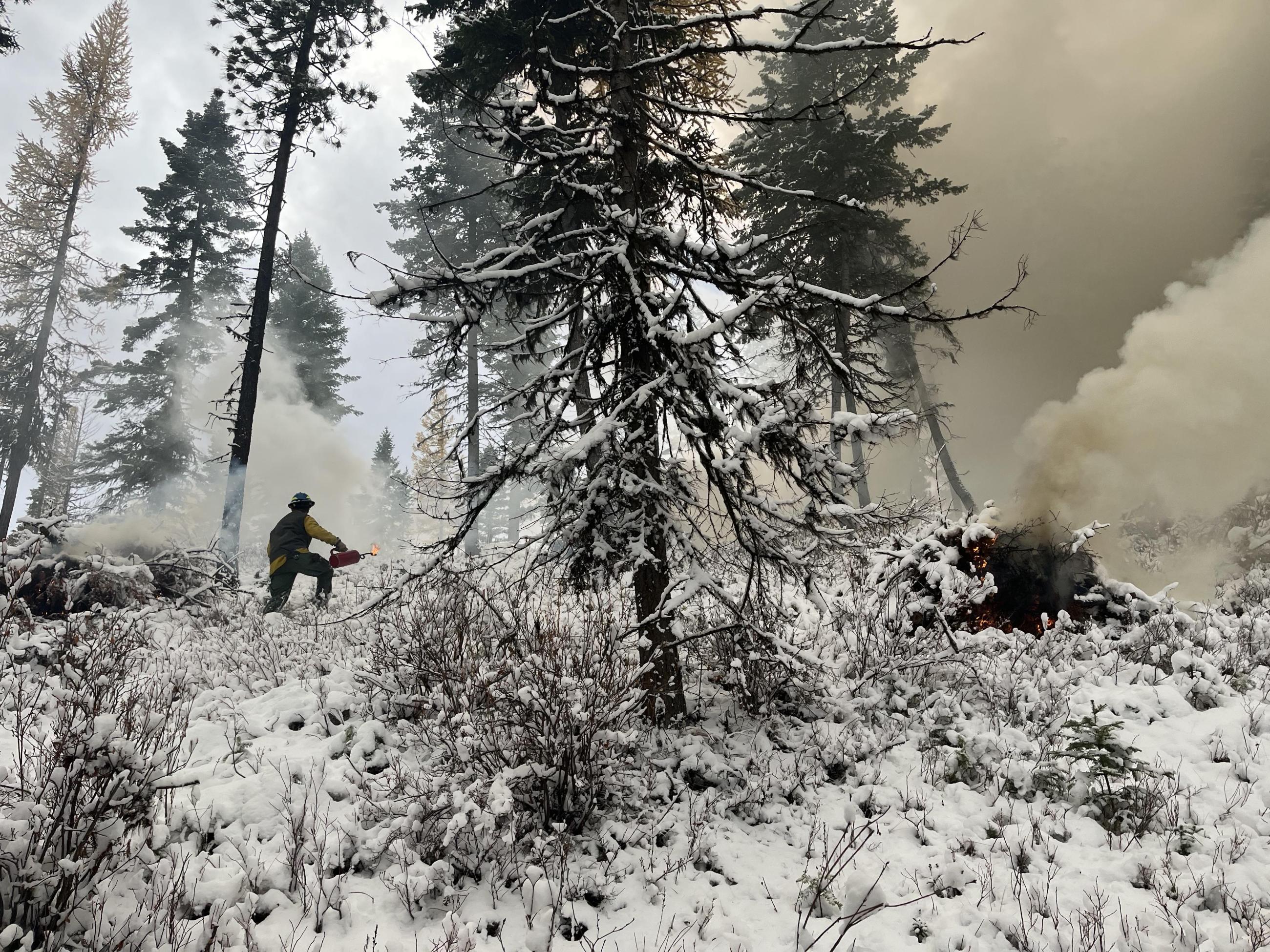 Firefighter lighting a pile in the woods on fire with snow on the ground