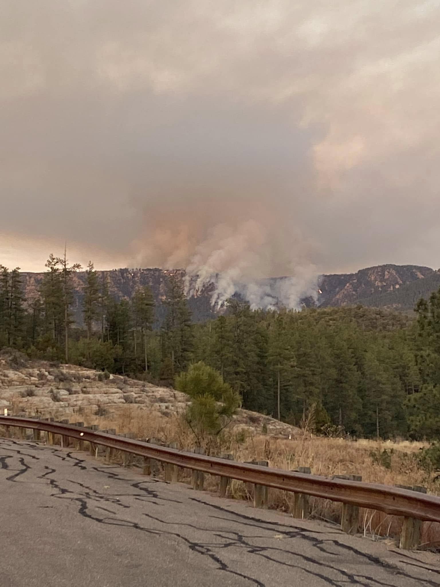 Horton Fire flames and smoke visible from Forest Road 289. Fire is burning on the Mogollon Rim.