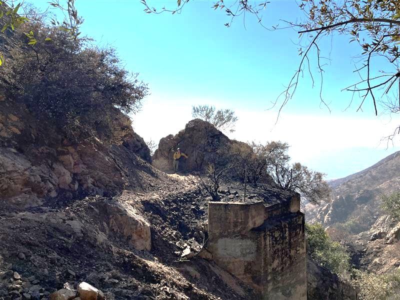 Color Image Showing BAER Archeologist David Peebles assesses Historic Mount Lowe Railway above City of Altadena in the Eaton Burned Area