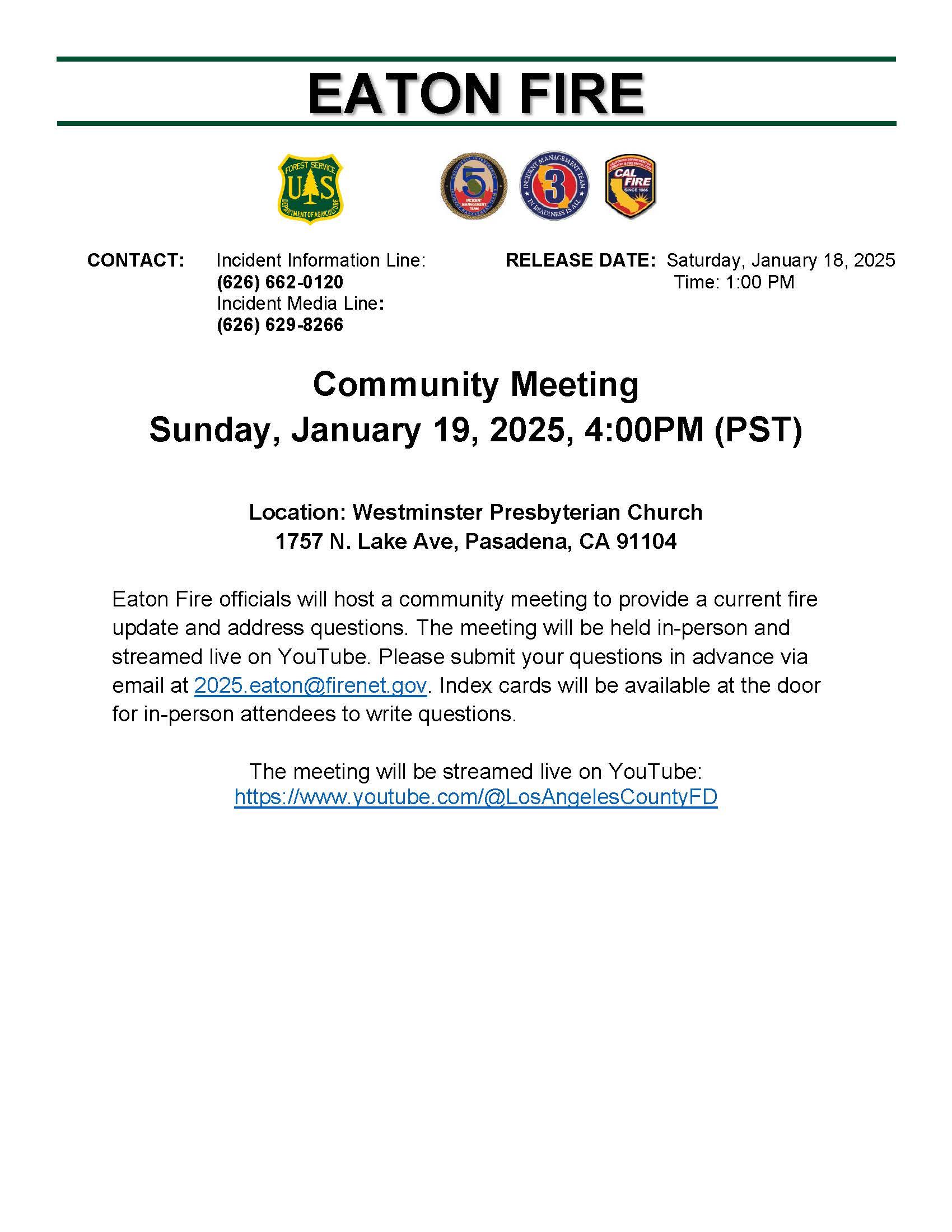 Announcement of in-person community meeting scheduled for Sunday 19,2025. Location: Westminster Presbyterian Church 1757 N. Lake Ave, Pasadena, CA 91104