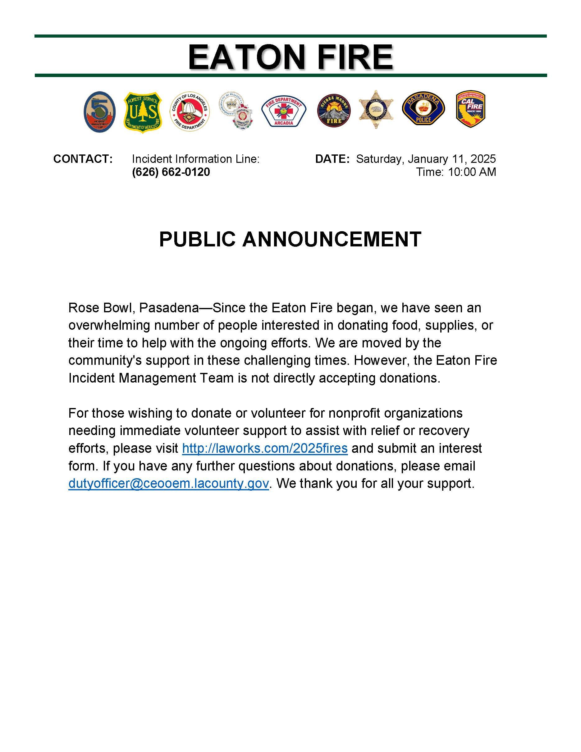 Eaton Fire Donations Public Announcement 