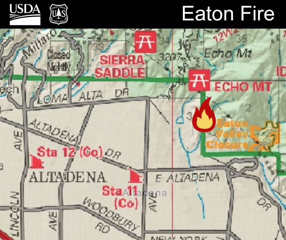 A map that shows a small image of a flame that indicates the location of a wildfire incident on a map.