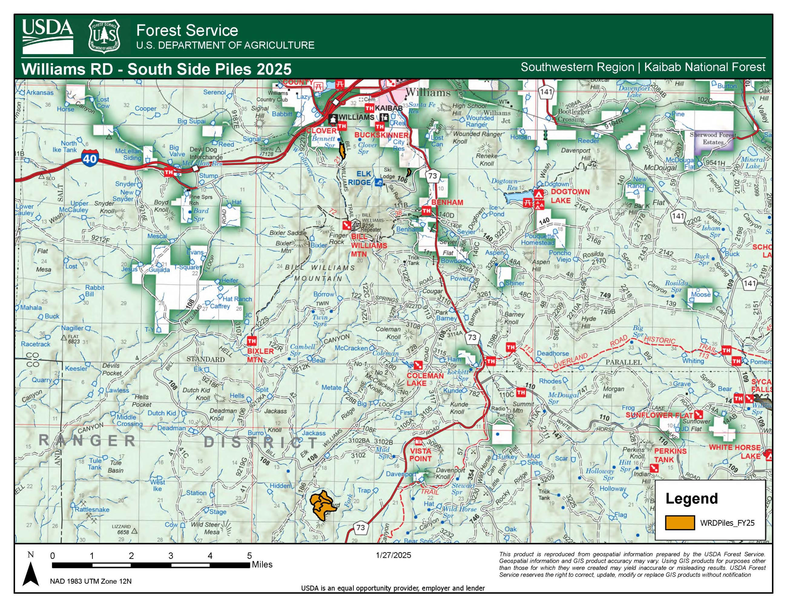 Map of the Clover 1, Clover 2, and McCracken piles planned for the week of 01/27/2025 south of Williams, AZ.