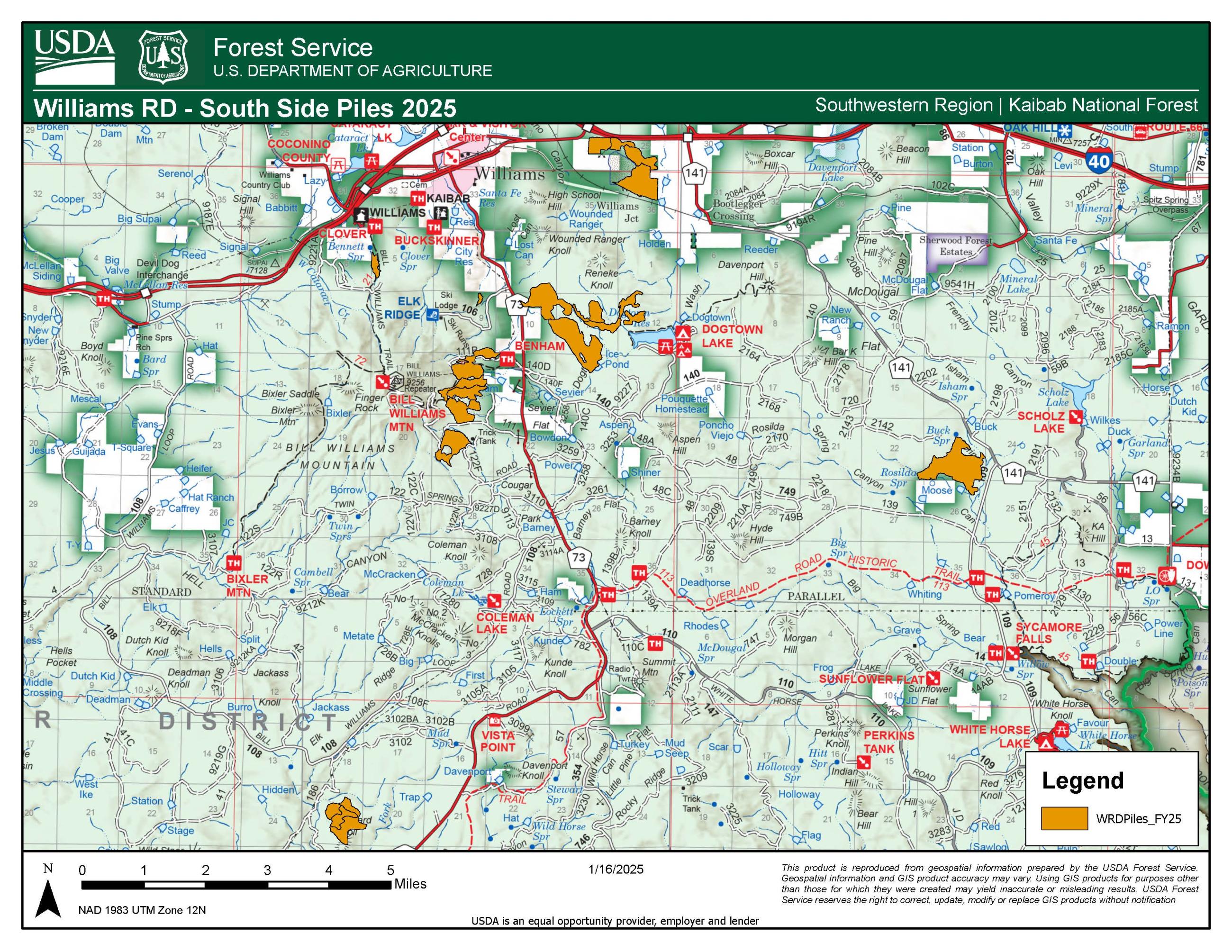 Map of the location of planned winter prescribed pile burns in relation to Williams, Arizona.