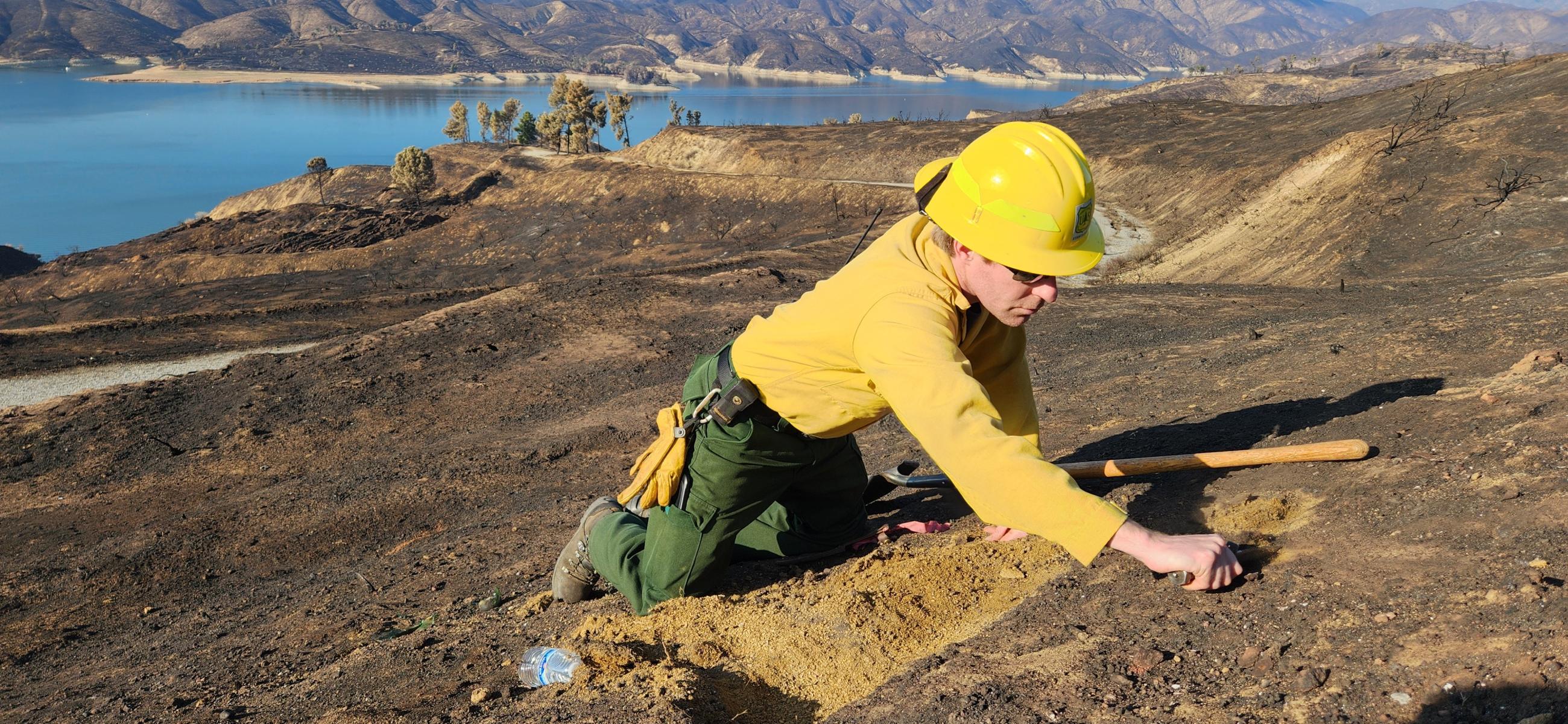 Photo Showing BAER Soil Scientist Curtis Kvamme Digs into soil to test for water repellence in Hughes Burn Area