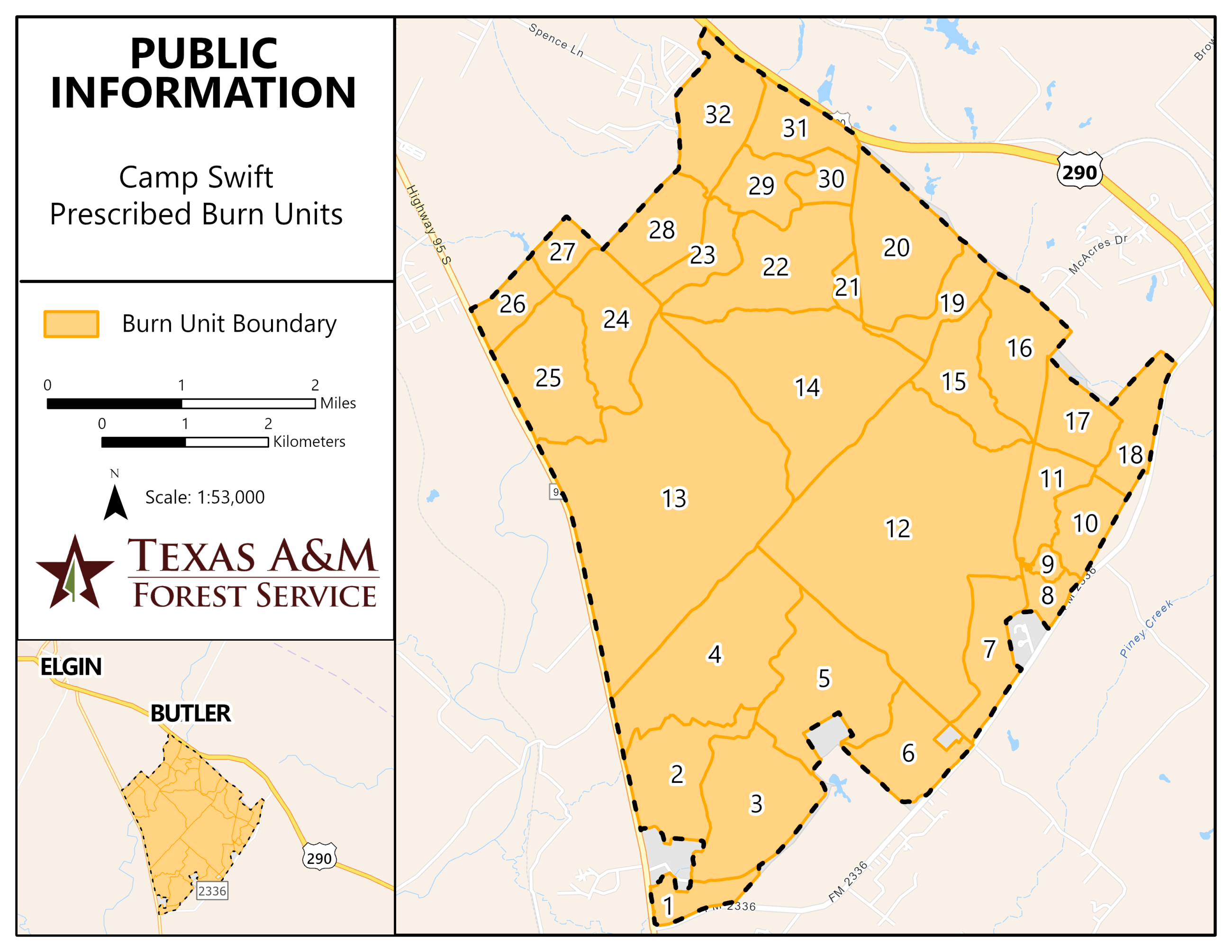 Public Information Map displaying all prescribed fire units, 1-31, as yellow polygons on a street map at Camp Swift, located southeast of Elgin Texas and south of highway 290. North of farm-to-market 2336.