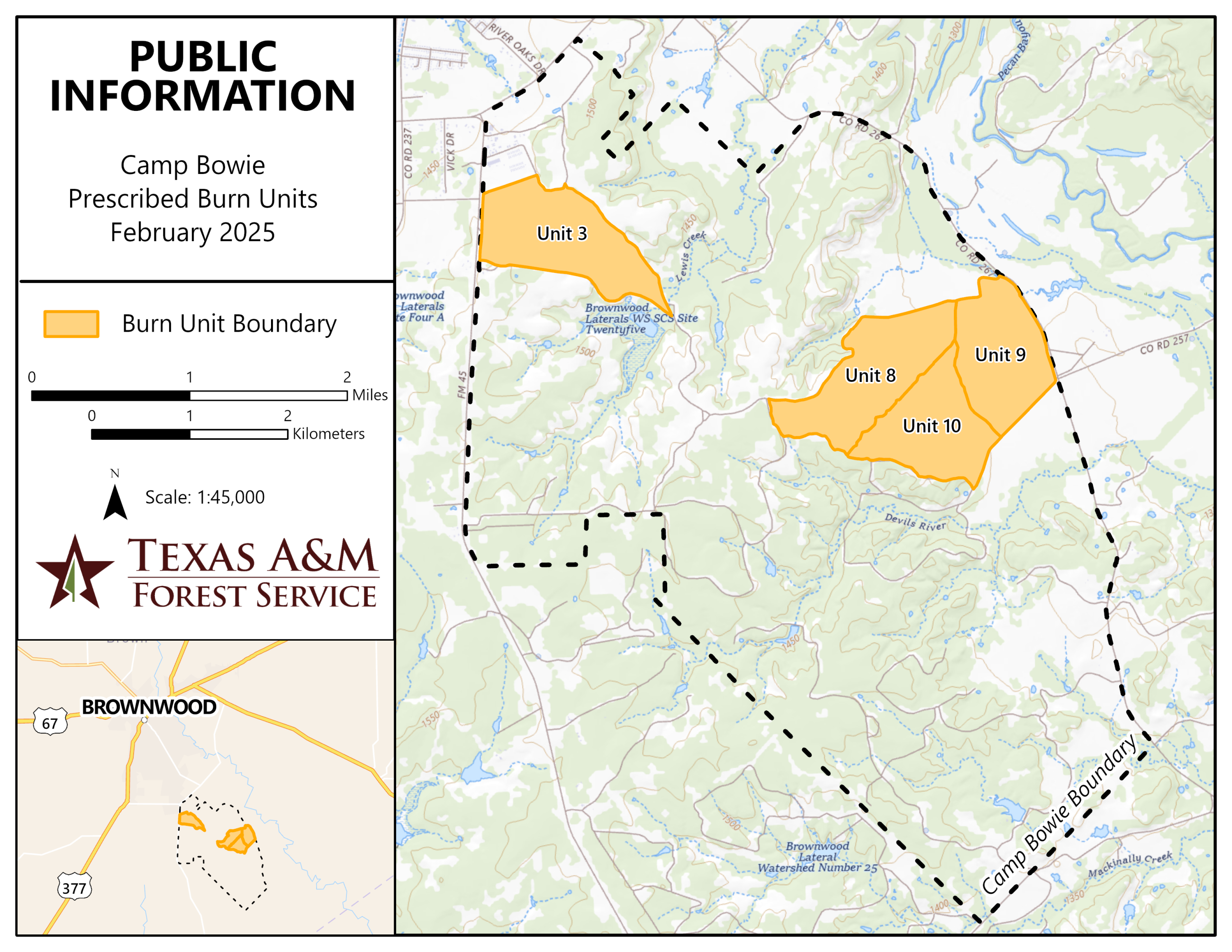 The background is a terrain map showing streets and elevation of the landscape. There is a dashed line around the perimeter of the Camp Bowie property. In 4 locations there are yellow burn units, one on the left side of the map and 3 on the right side. On the far left of the image is an additional map that shows where camp bowie is in relation to Brownwood and other cities.