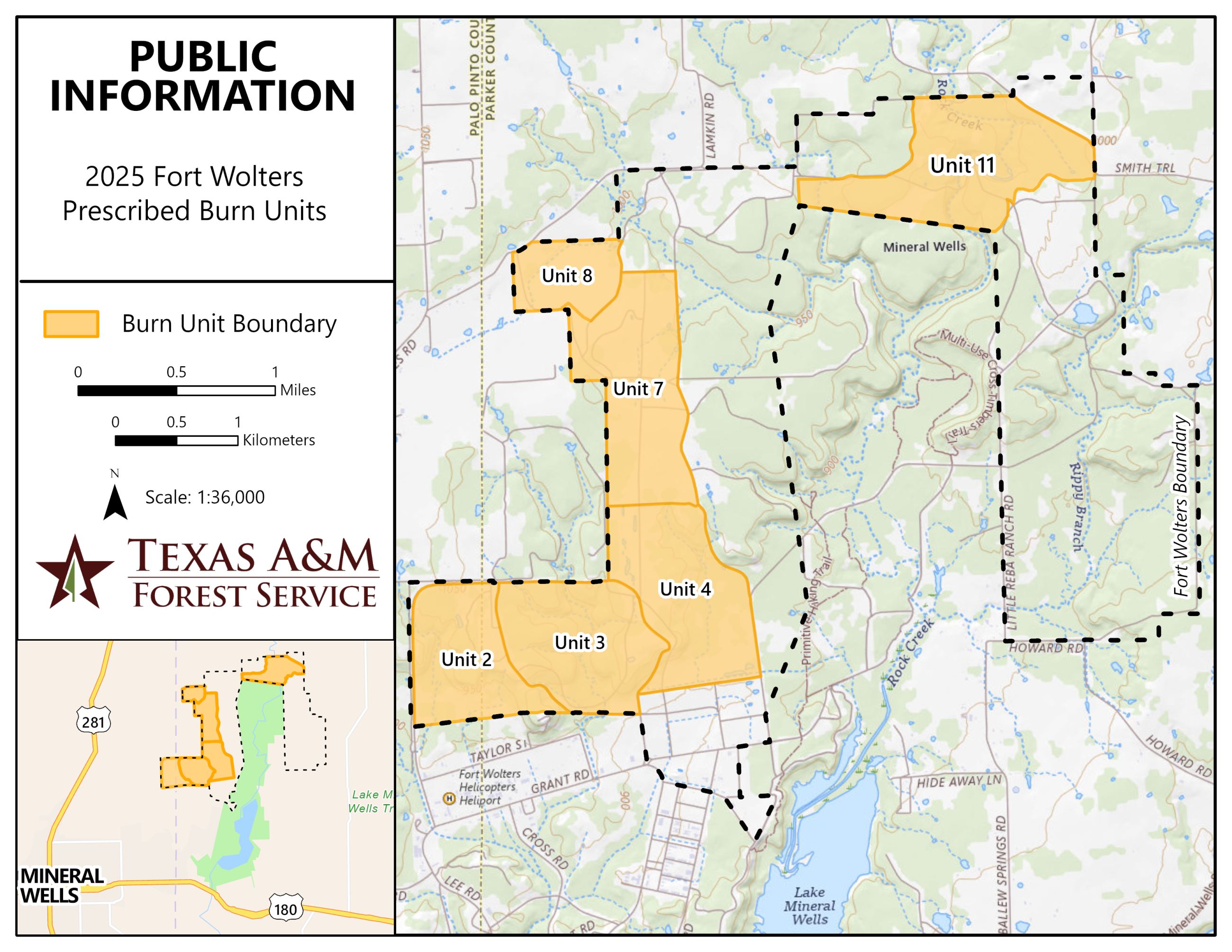 The background shows streets, a lake, creeks, and terrain. There is a dashed line around the boundary of Fort Wolters Military Base making an arch shape around Lake Mineral Wells State Park. There are 6 blocks colored in and labeled, these are the units to be burned in the year 2025. Units 2 through 8 are on the left side of the arch and unit 11 is located in the top right section of the arch. To the left of the map is a legend showing the scale bar and the compass to orientate the map.