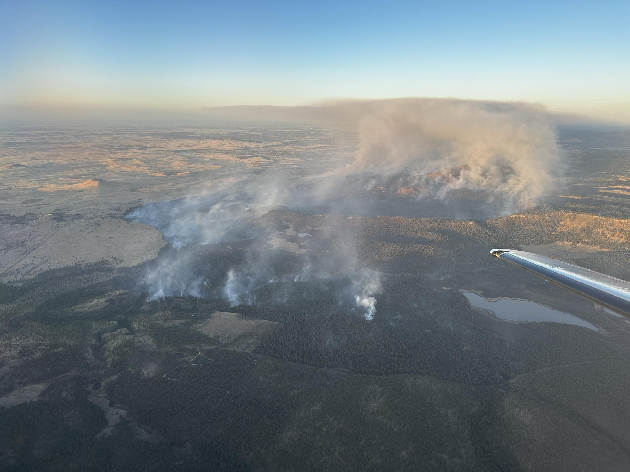 Image taken from airplane showing smoke rising across a forested landscape.