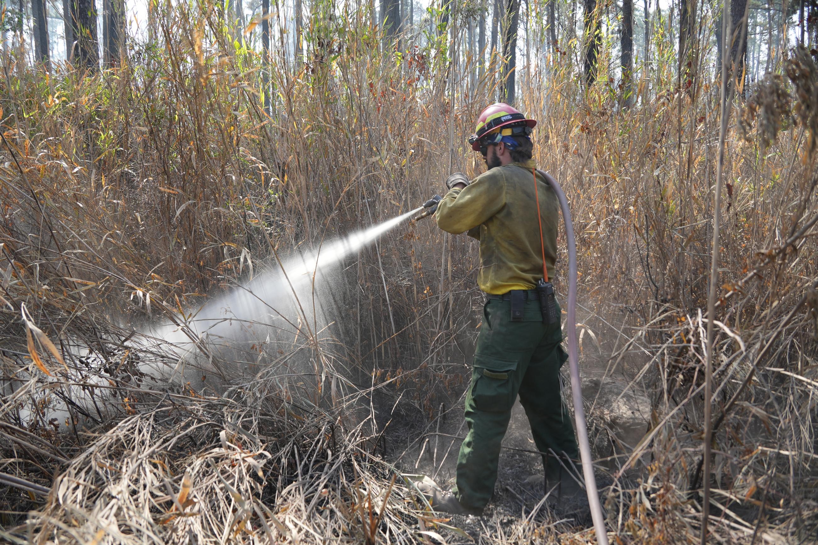 Firefighter spraying hose 