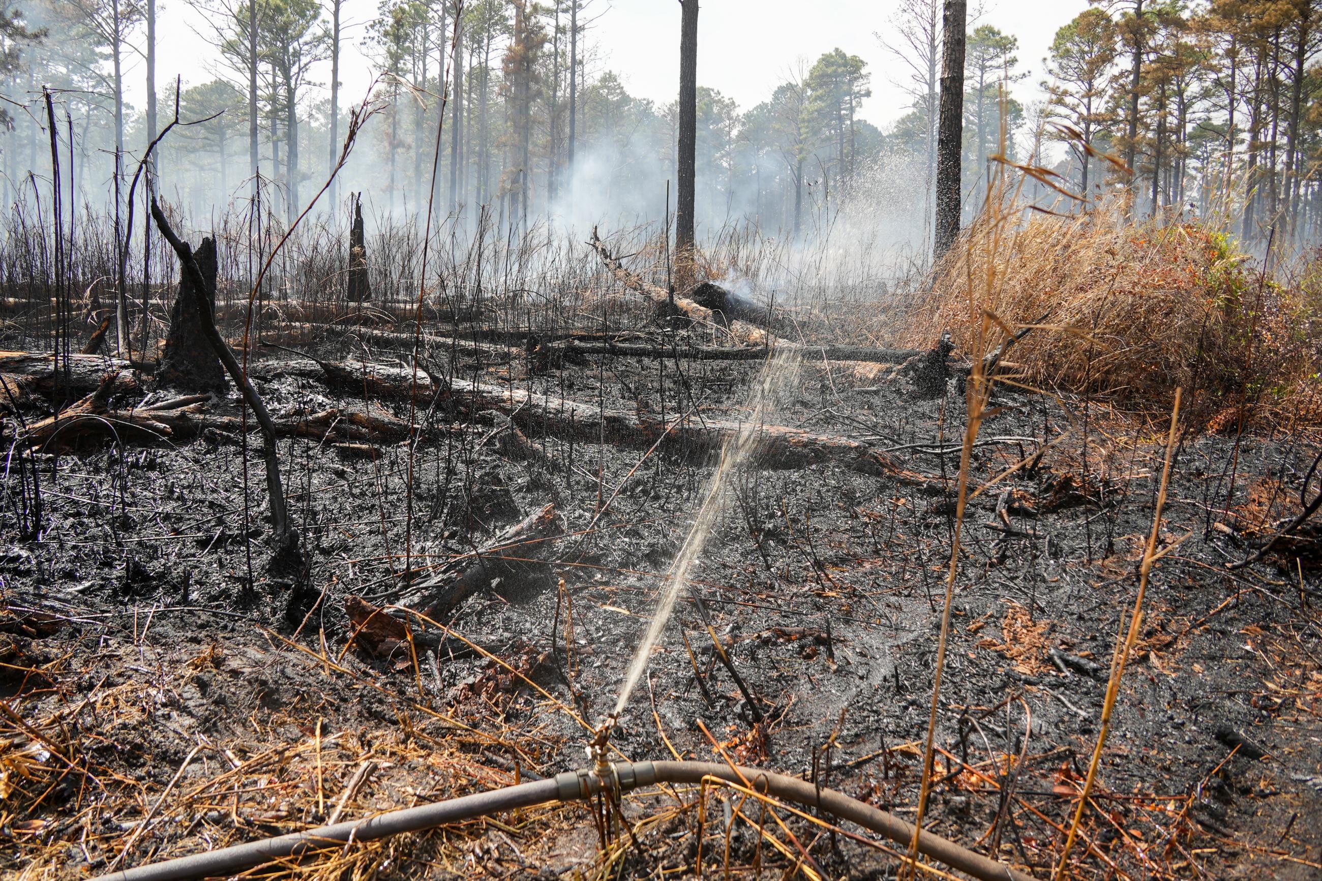 Sprinkler spraying smoldering soil