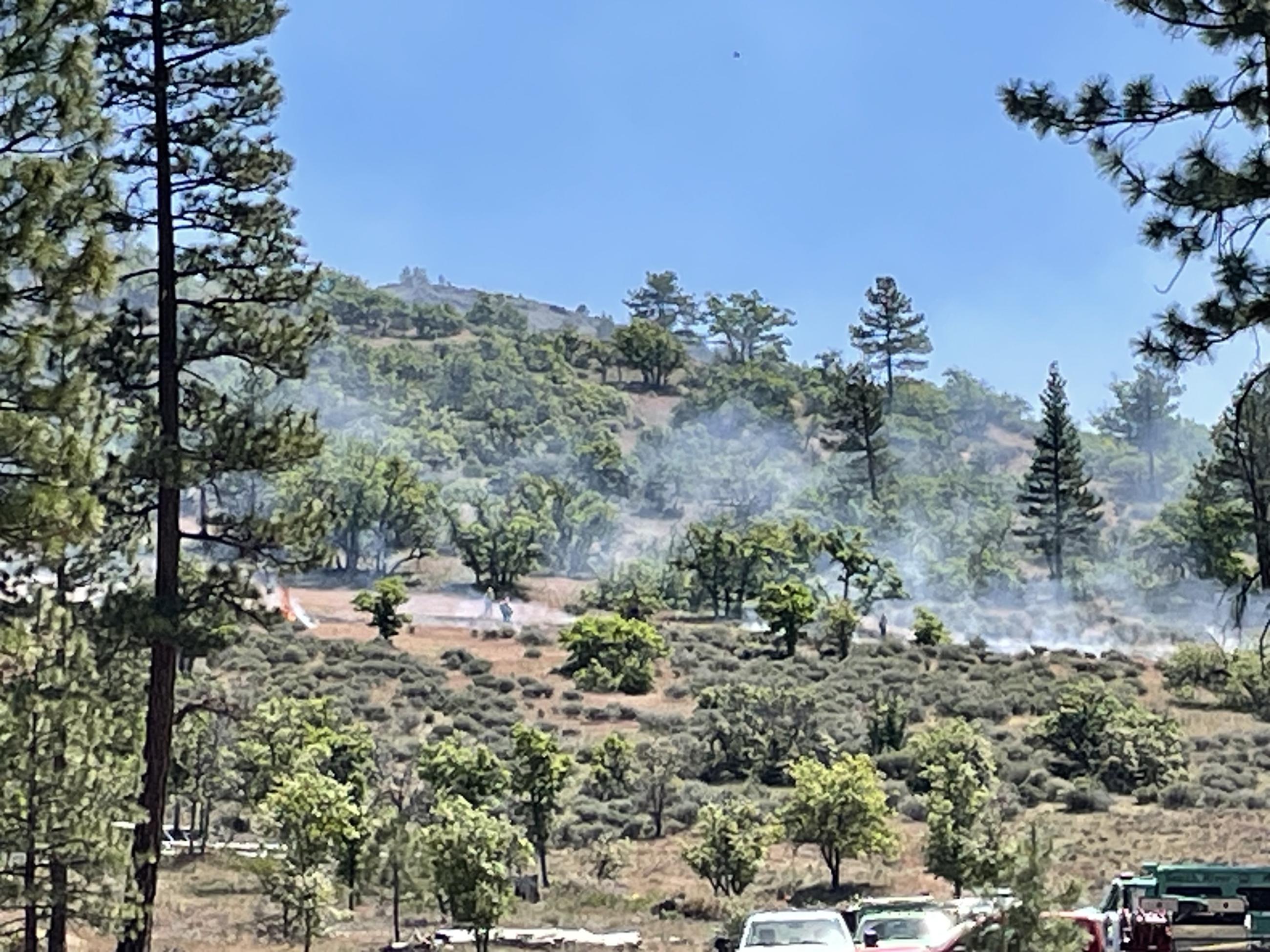 Smoke rises from burning brush and grass on a hillside with an open oak and pine overstory