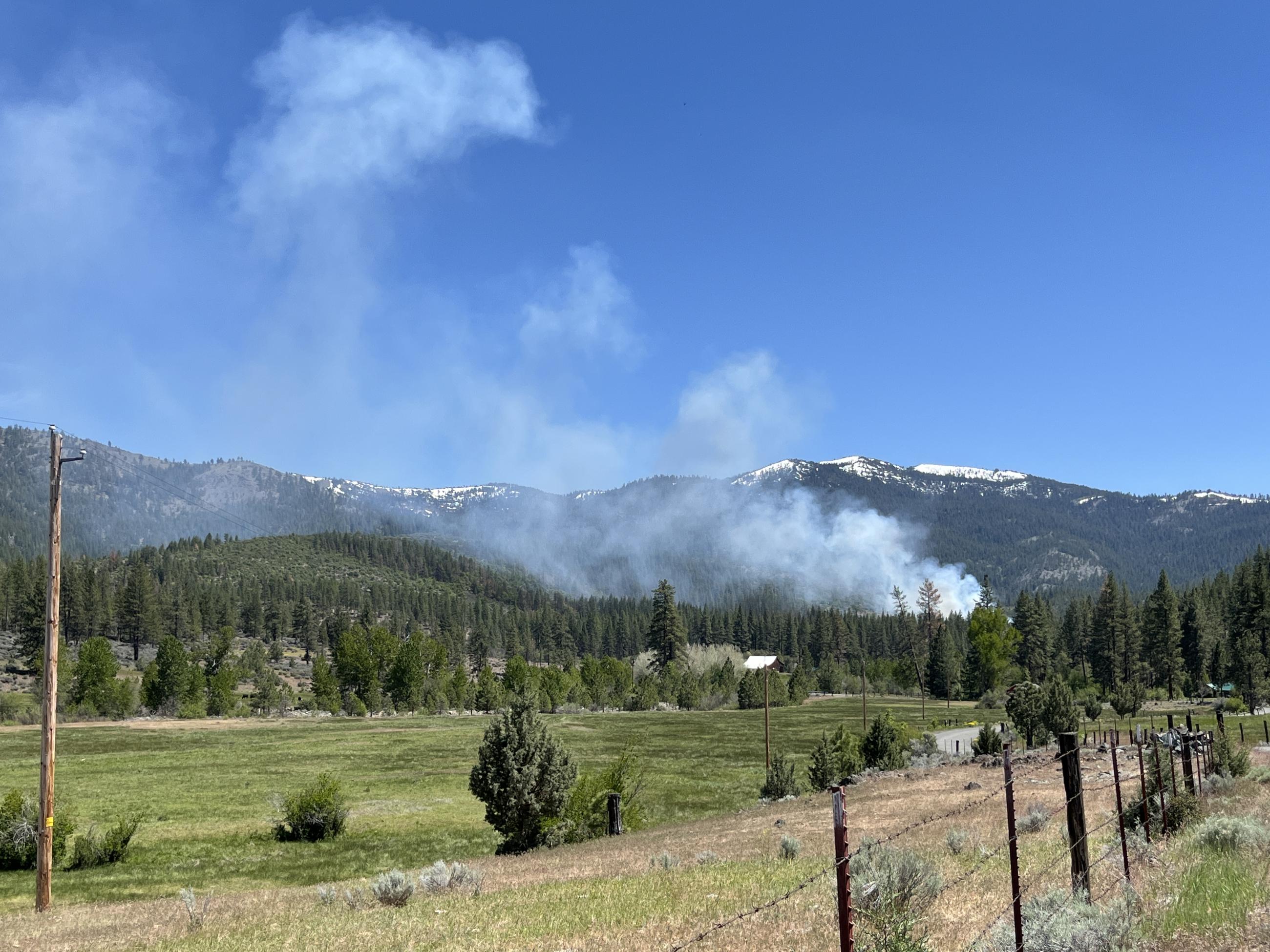 Smoke rises from a distant timbered hillside, with green meadows in the foreground