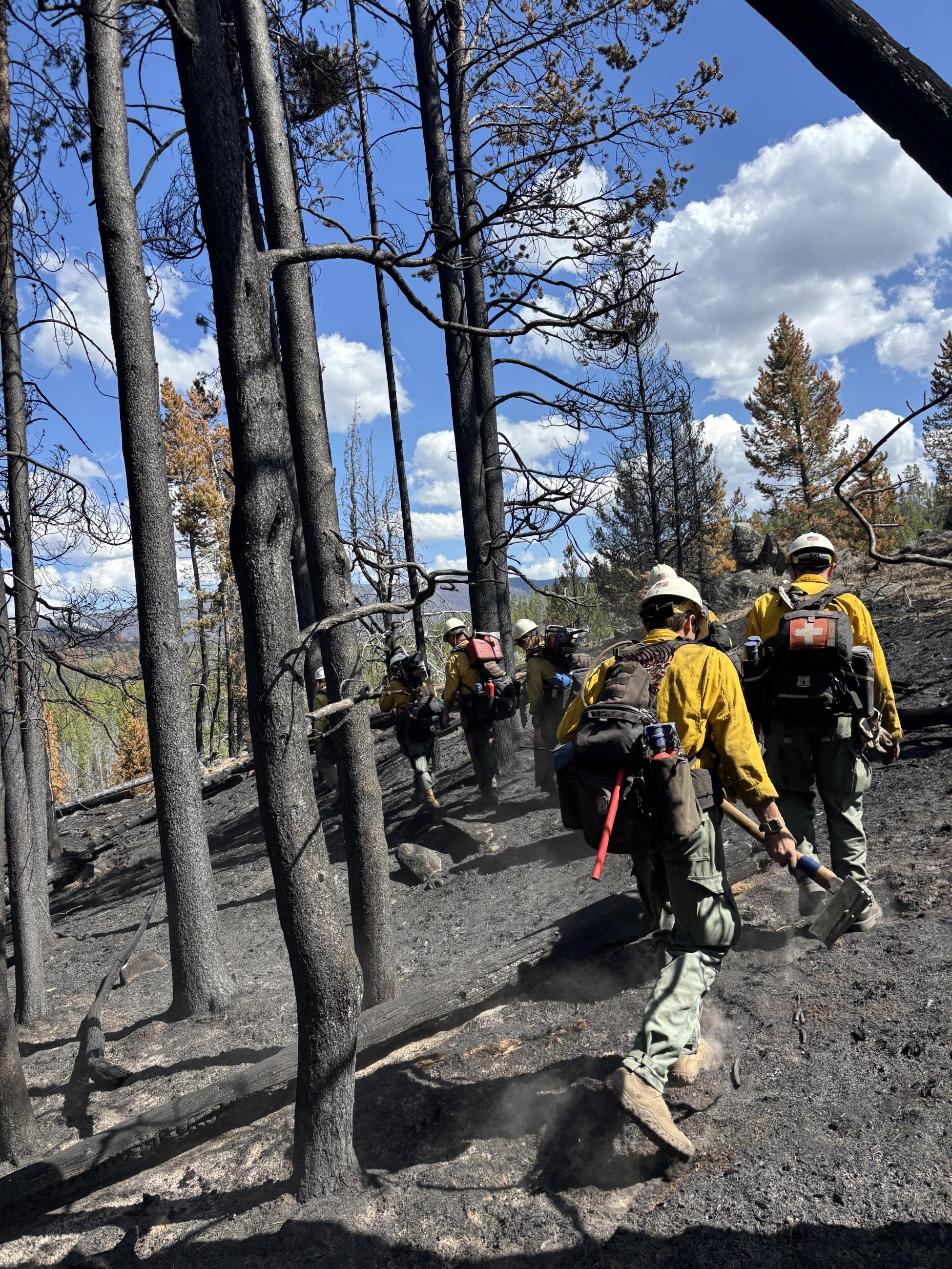 Firefighters hiking in the black on the sawlog Fire 