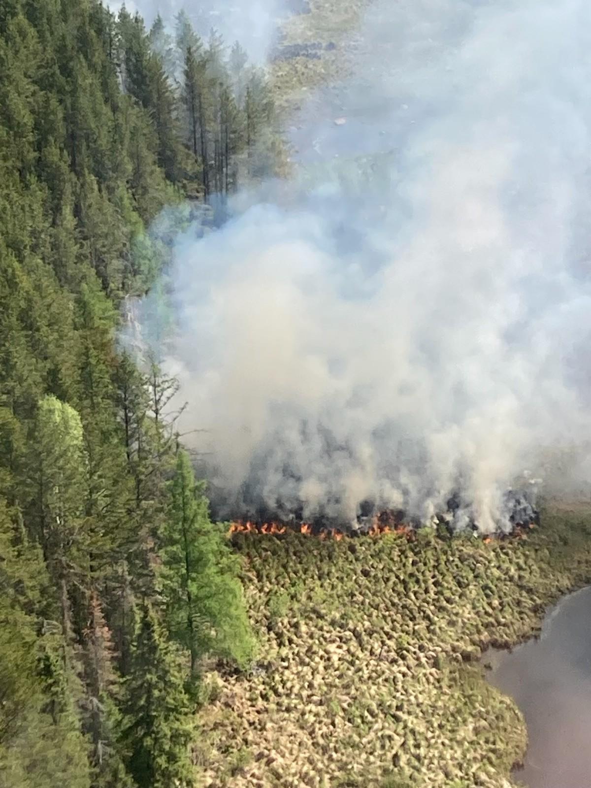 Photo depicting a spot fire on the Jenkins Creek Fire in the vicinity of Laird Creek.