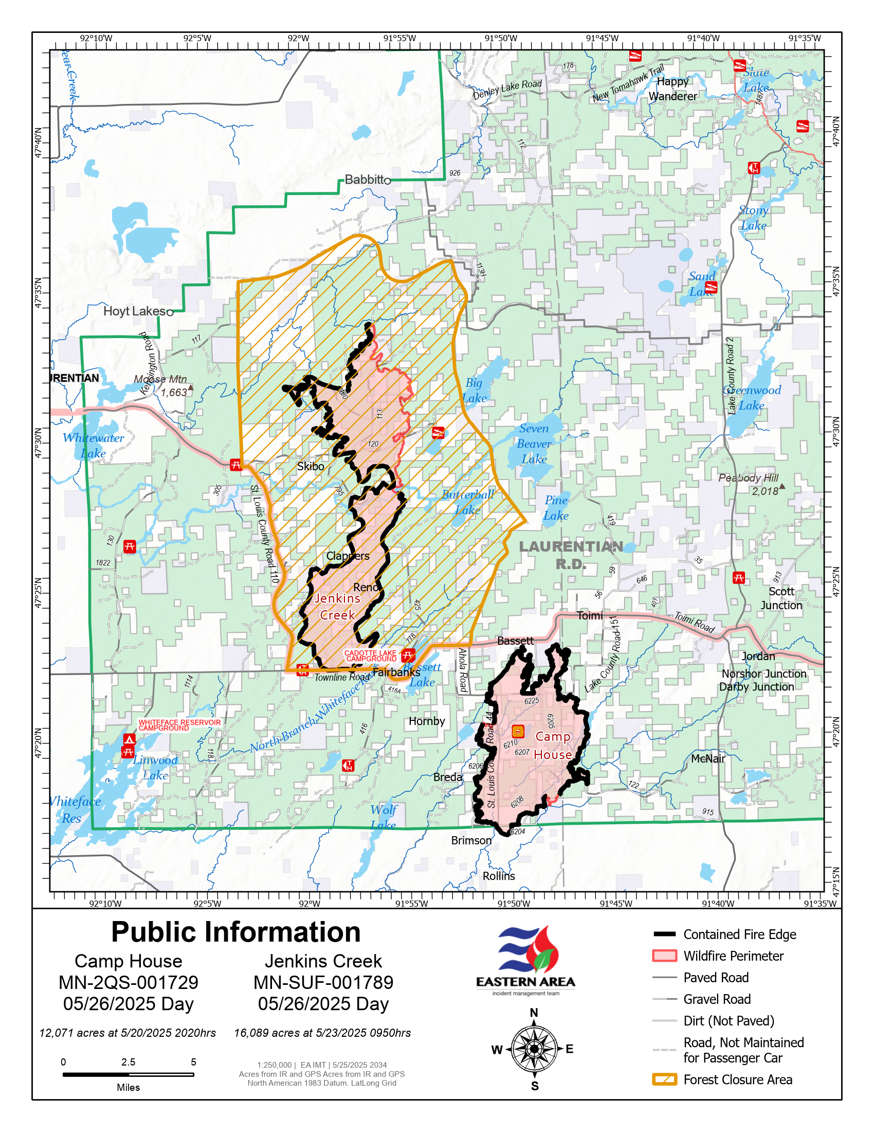 Map showing areas of red fire with black containment line around fire perimeter. 90 percent of Camp House fire has line around it and about 78 percent of Jenkins Creek Fire has black line around it (still no line on northeast flank)