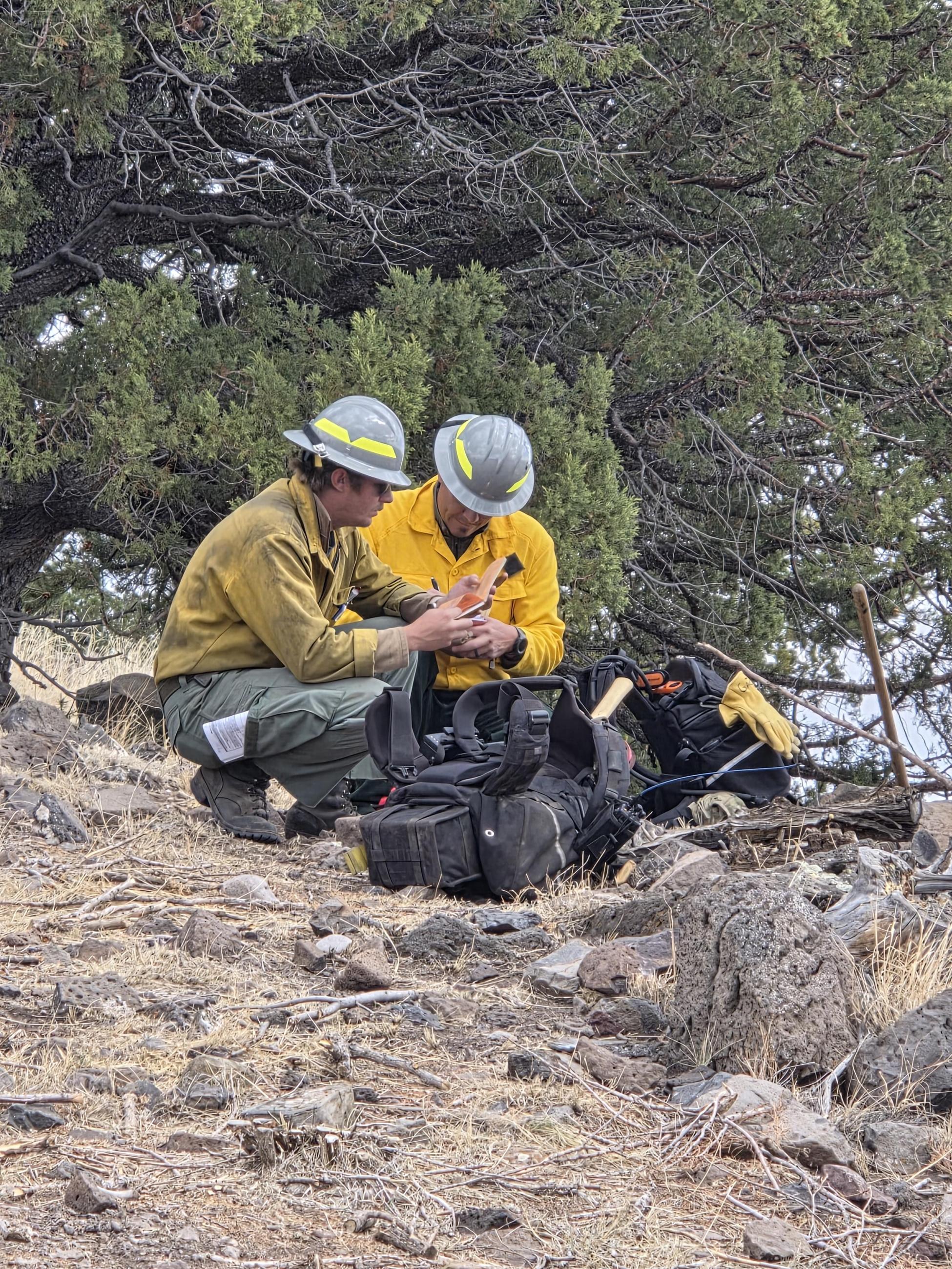 Two people in yellow shirts and hard hats crouch by their packs in the woods.