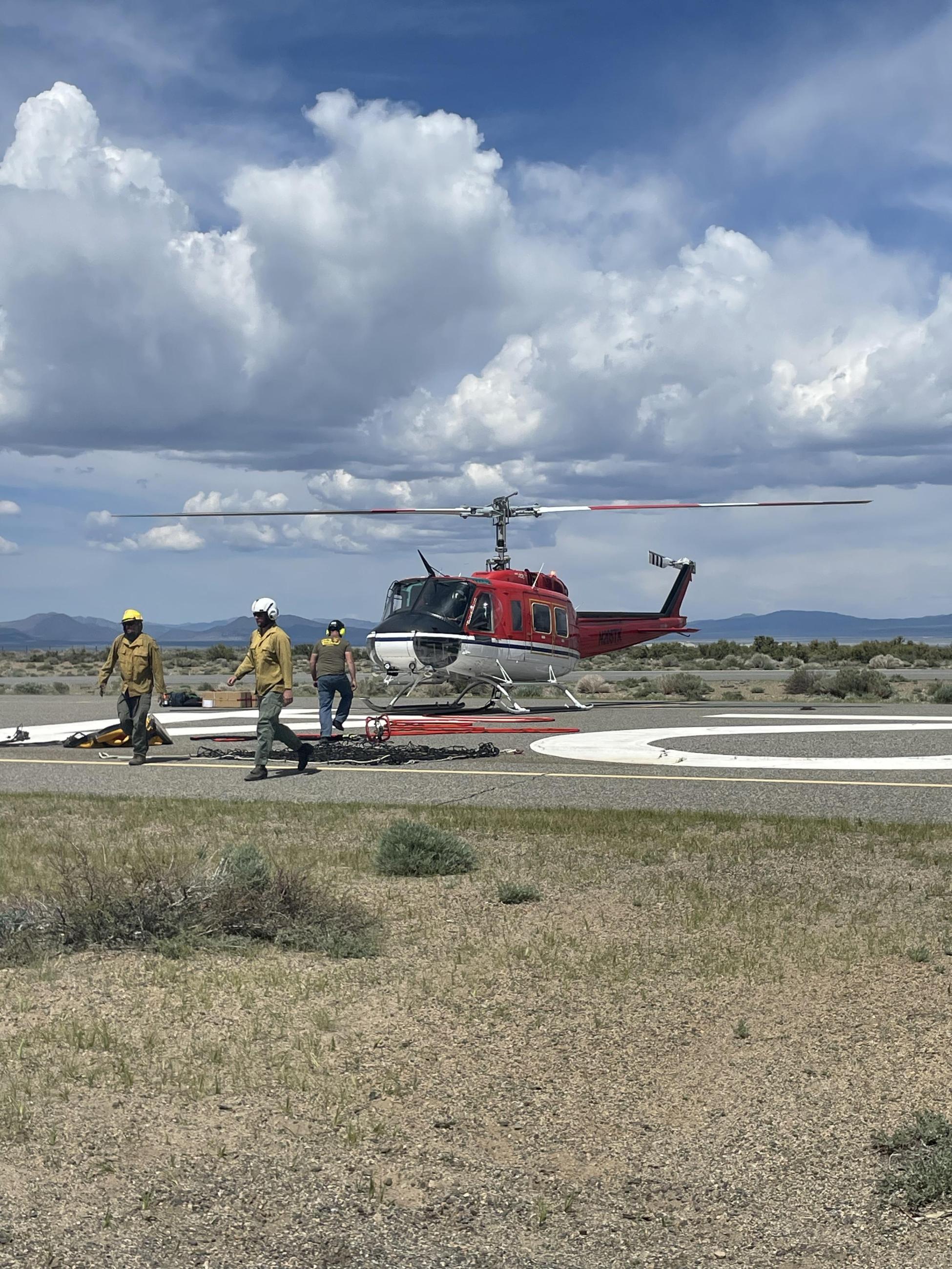 firefighters, helicopter, sky, clouds, ground