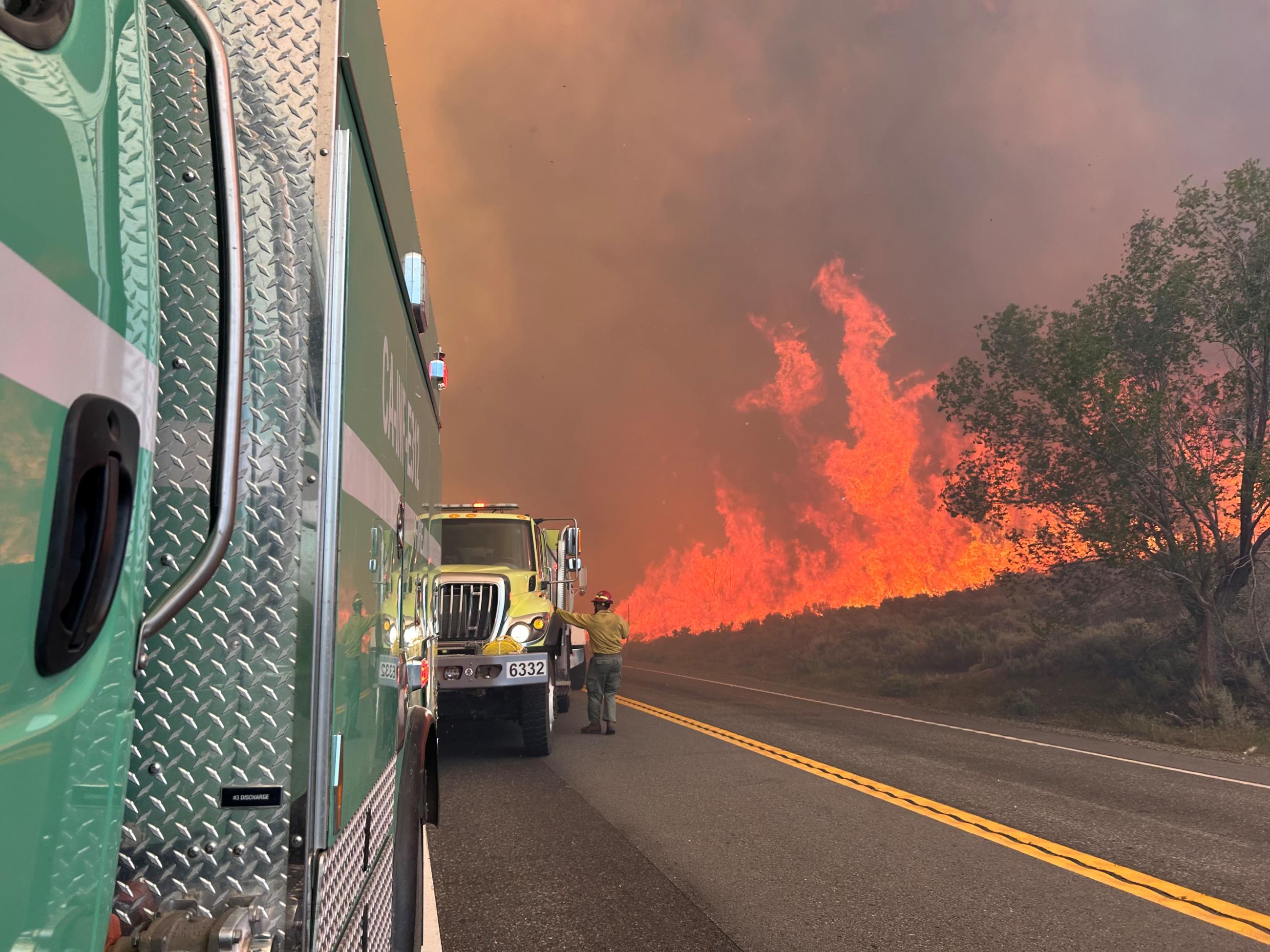 fire engines, road, flames, smoke