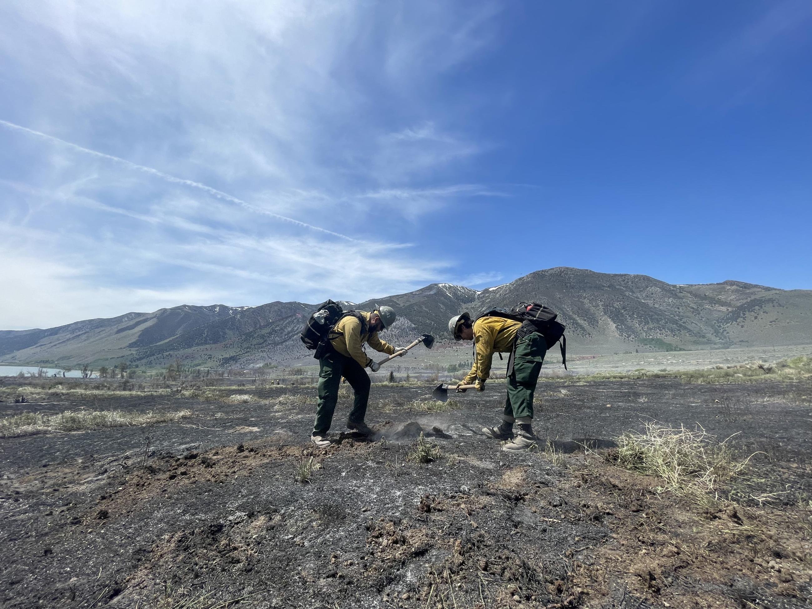 firefighters, smoke, charred earth, sky
