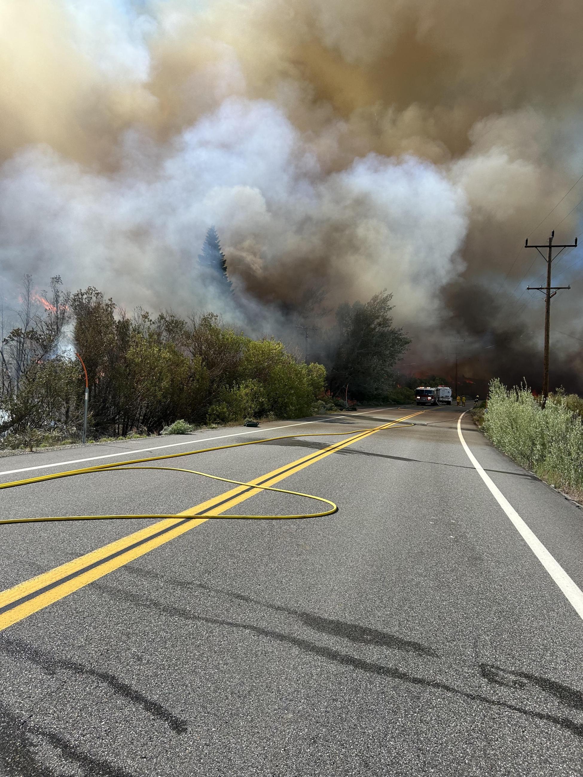 highway, smoke, brush, power lines