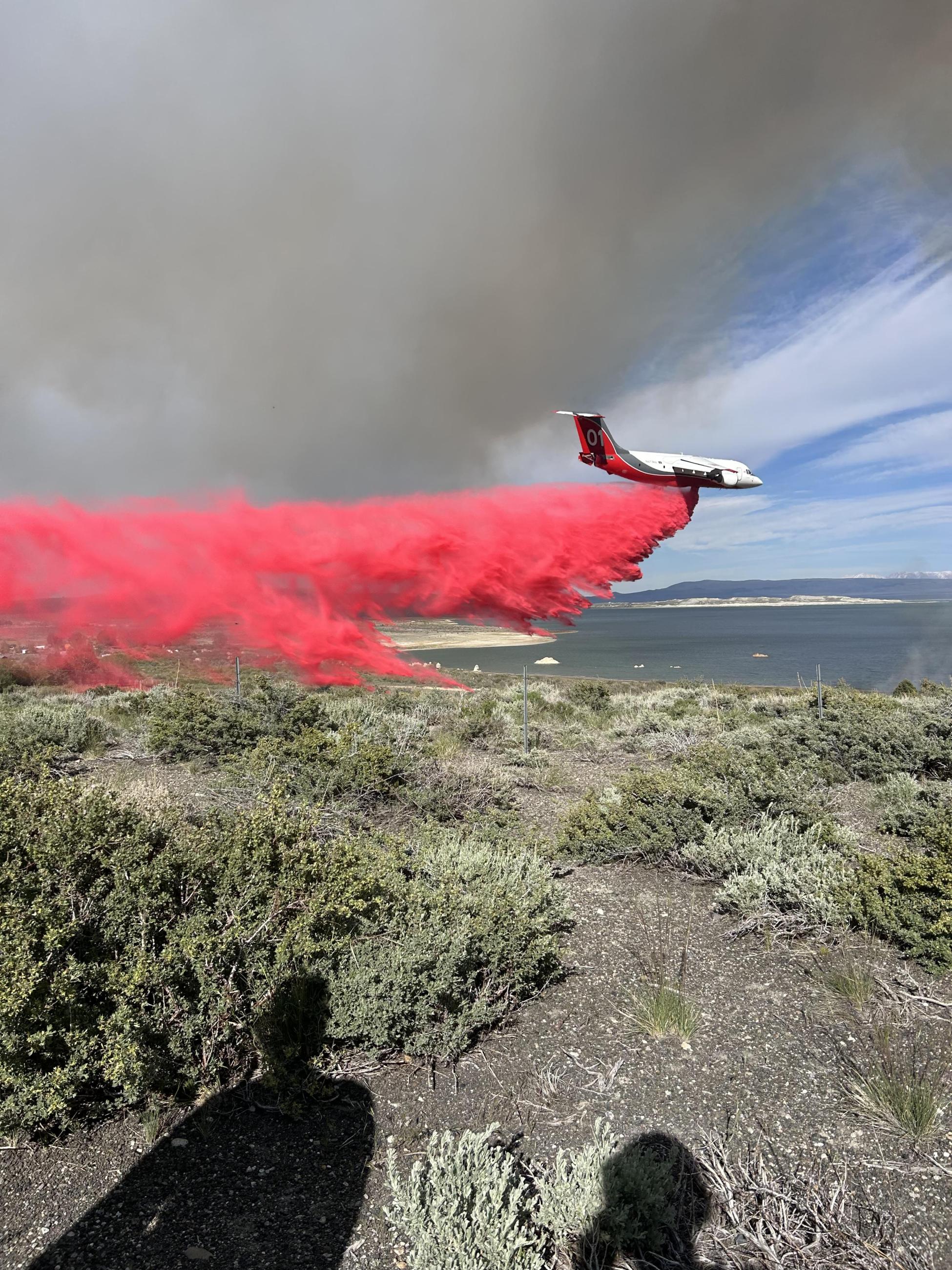 air tanker, retardant drop, shrubs, lake, smoke