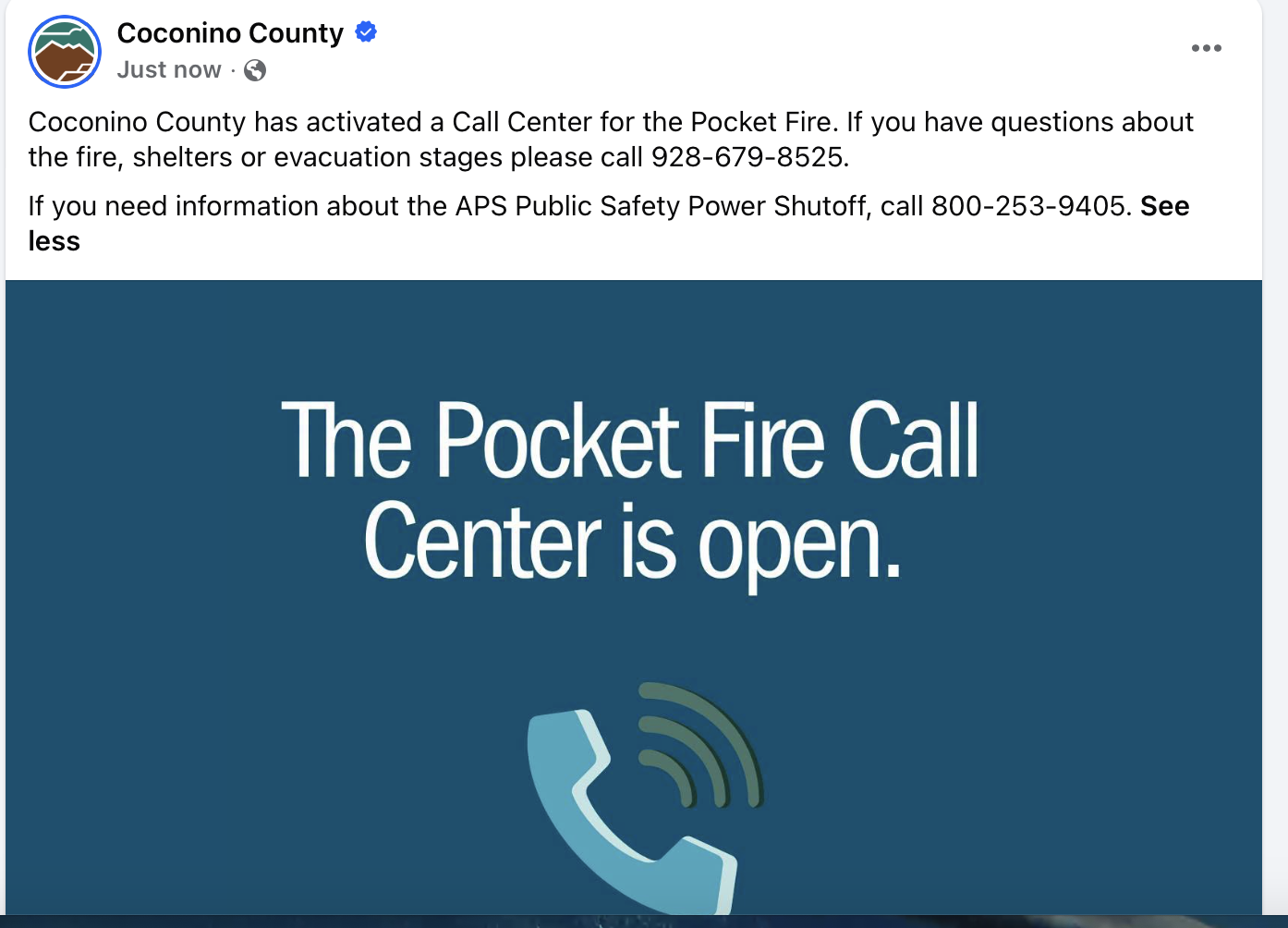 Coconino County Pocket Fire Call Center 928-679-8525
