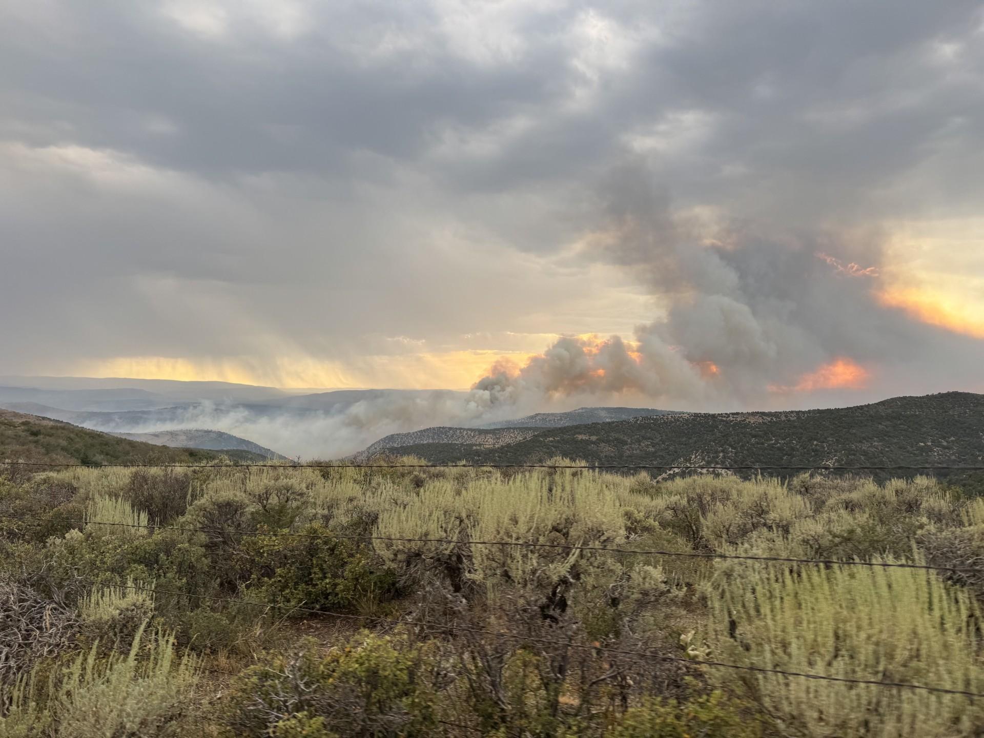 Landscape photo of a wildfire with large plumes of smoke